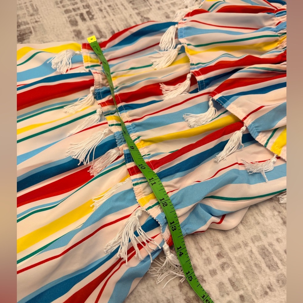 XOXO Off Shoulder Multicolor Striped High Low Maxi Dress Tassle Trim Boho Size M - Picture 10 of 11